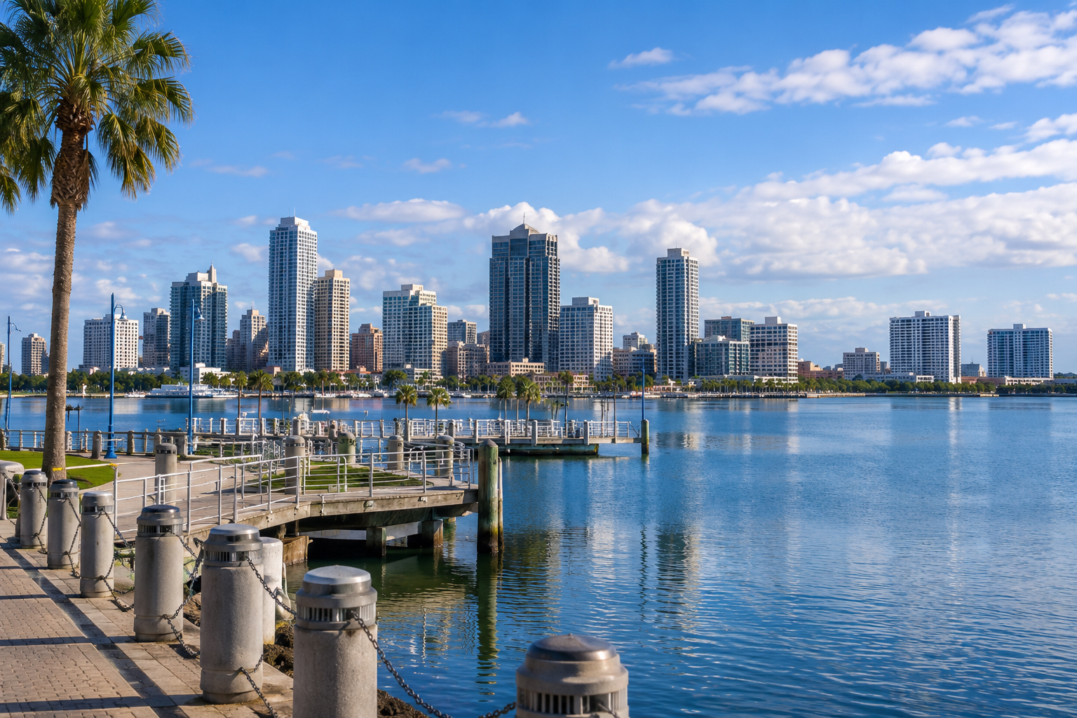AI-generated illustration of the Corpus Christi waterfront, marina, and downtown skyline on a sunny day.