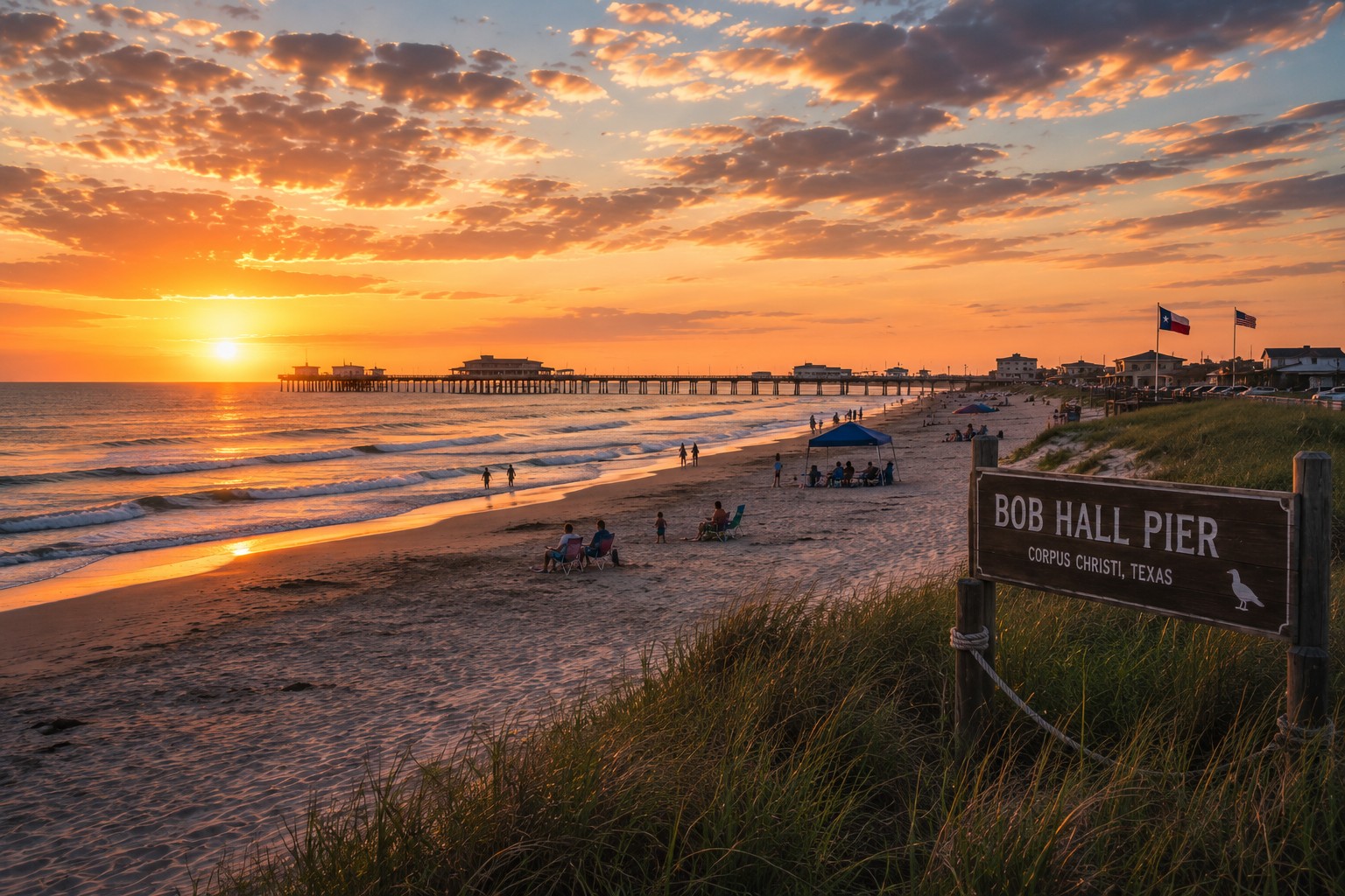 AI-generated illustration of Bob Hall Pier at sunset along the beach in Corpus Christi, Texas.