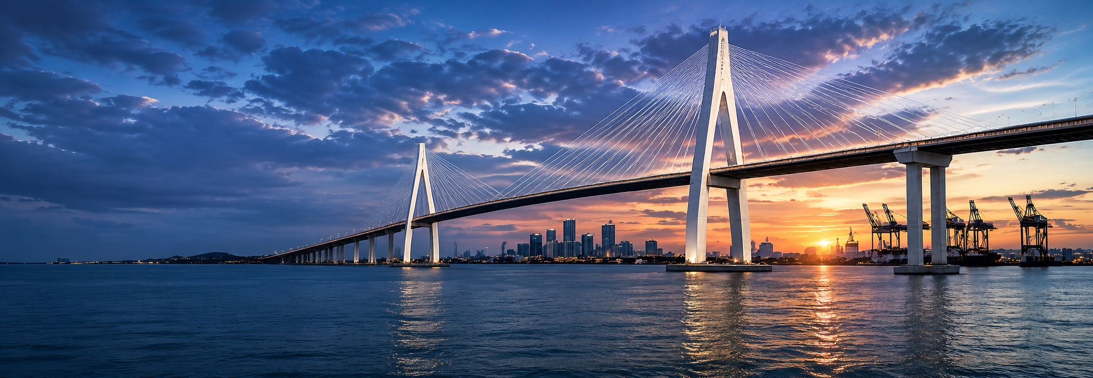 AI-generated panoramic illustration of the Harbor Bridge spanning Corpus Christi Bay with the downtown skyline at sunrise.