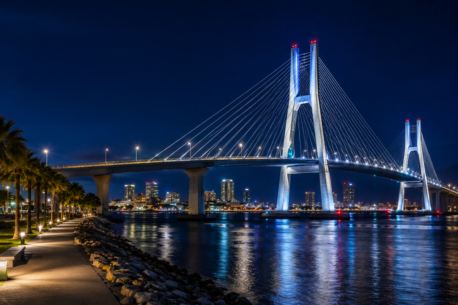 AI-generated nighttime illustration of the Harbor Bridge and Corpus Christi skyline reflected across the bay.