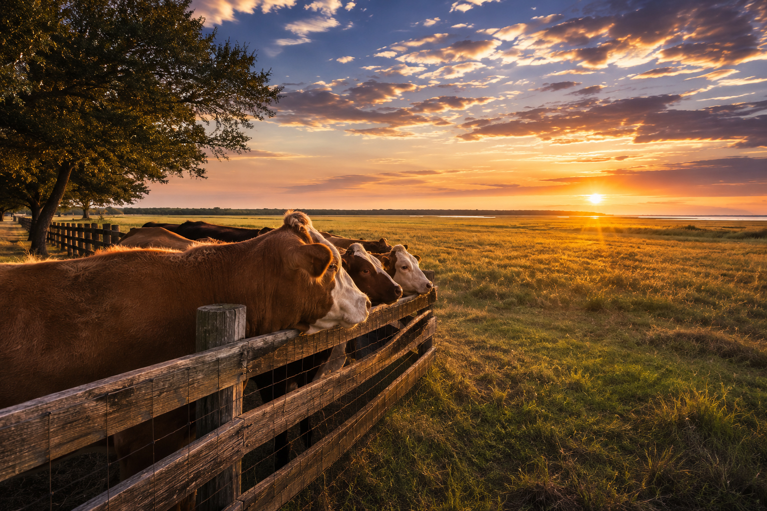 AI-generated illustration of cattle gathered along a wooden fence overlooking a Texas ranch at sunset.