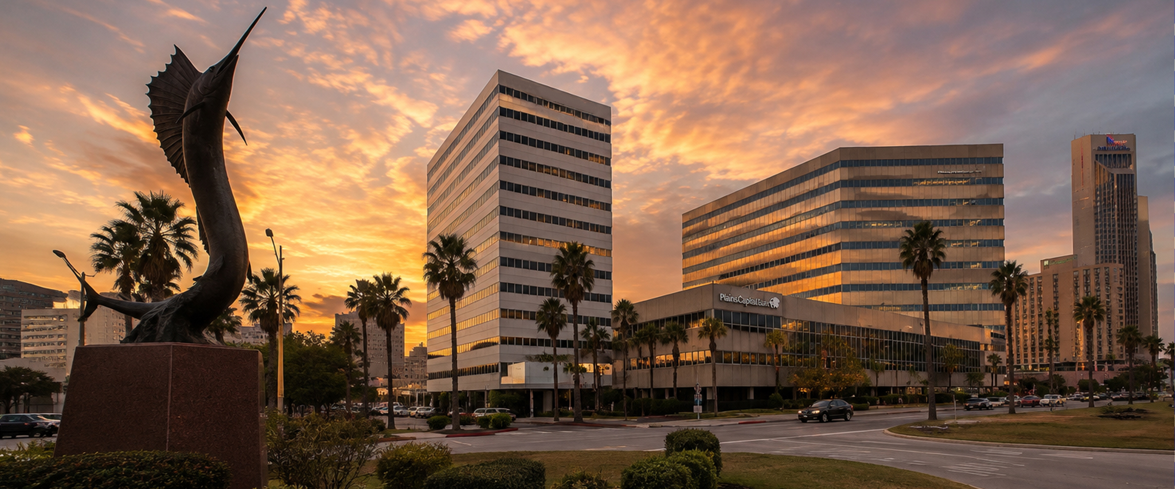 Sunset view of the PlainsCapital Bank building in downtown Corpus Christi, Texas, with the swordfish sculpture and surrounding skyline.
